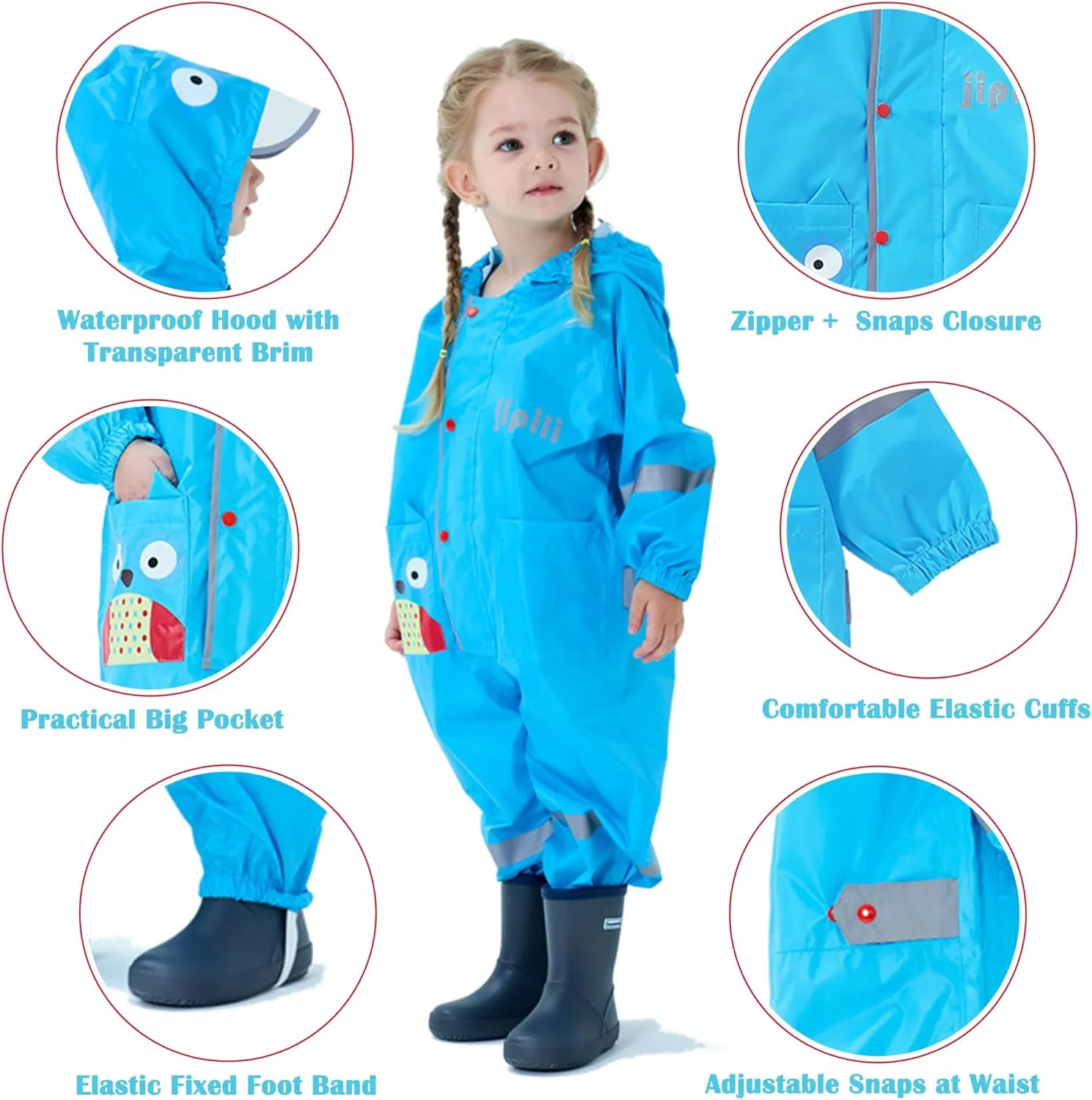 Kids Toddler Rain Suit for Boys Girls One Piece Hoodie Zipper Cute Cartoon Waterproof Rain Jacket 1-10 Years S-XL Size