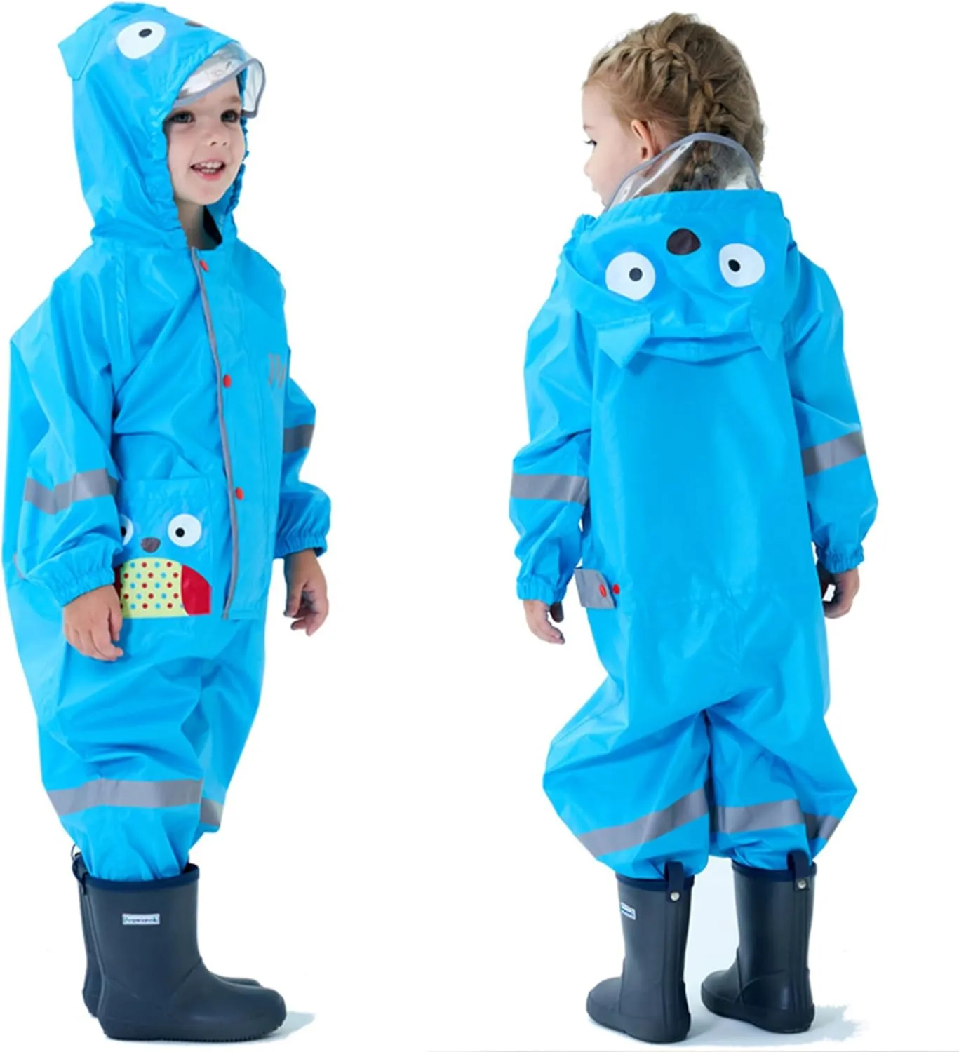 Kids Toddler Rain Suit for Boys Girls One Piece Hoodie Zipper Cute Cartoon Waterproof Rain Jacket 1-10 Years S-XL Size