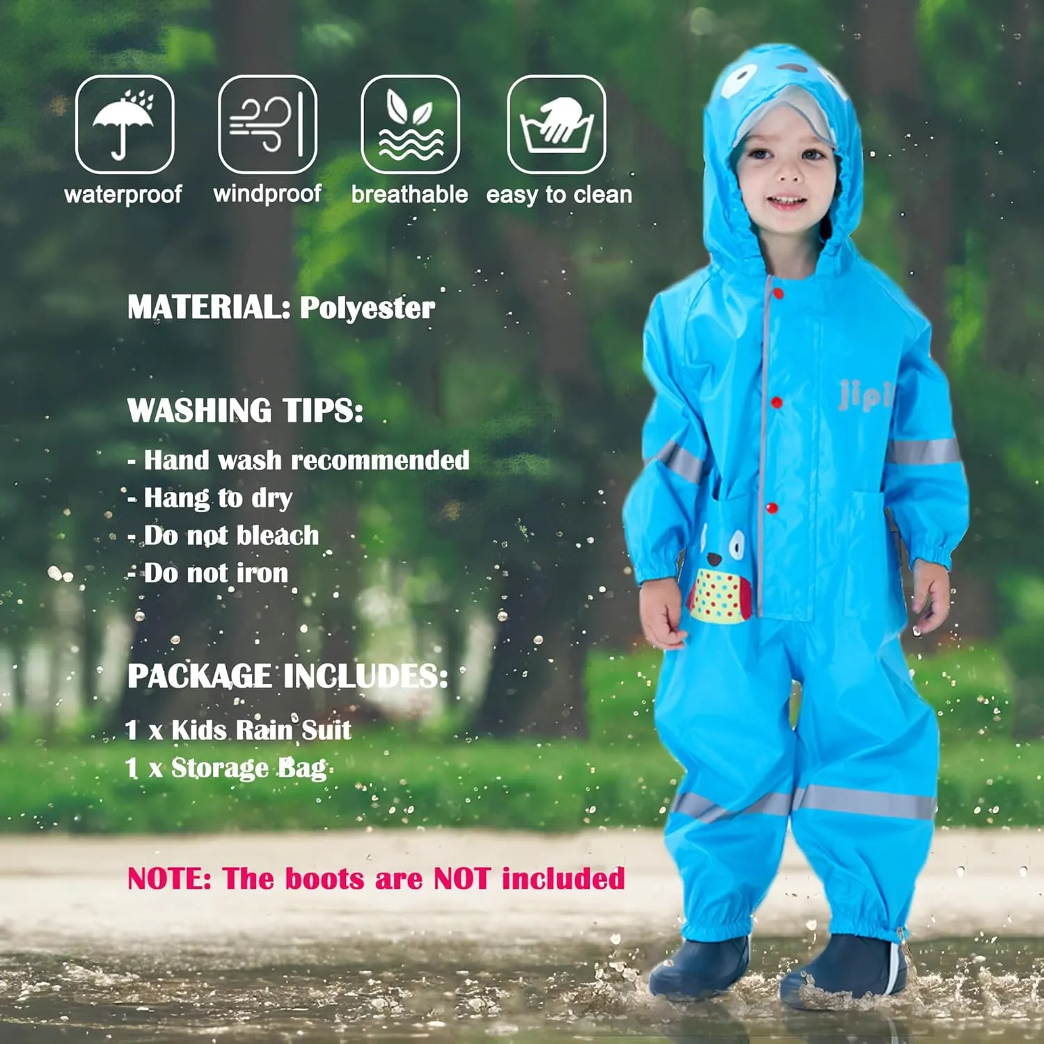 Kids Toddler Rain Suit for Boys Girls One Piece Hoodie Zipper Cute Cartoon Waterproof Rain Jacket 1-10 Years S-XL Size
