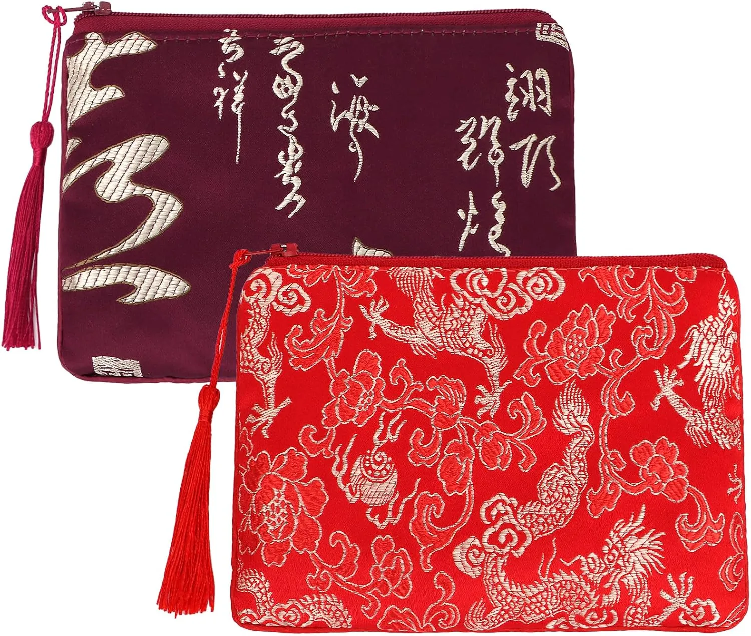 kilofly 2 pc Chinese Silk Brocade Padded Tassel Zipper Jewelry Bag Gift Pouch