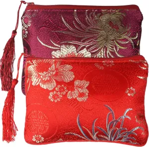 kilofly 2 pc Chinese Silk Brocade Padded Tassel Zipper Jewelry Bag Gift Pouch