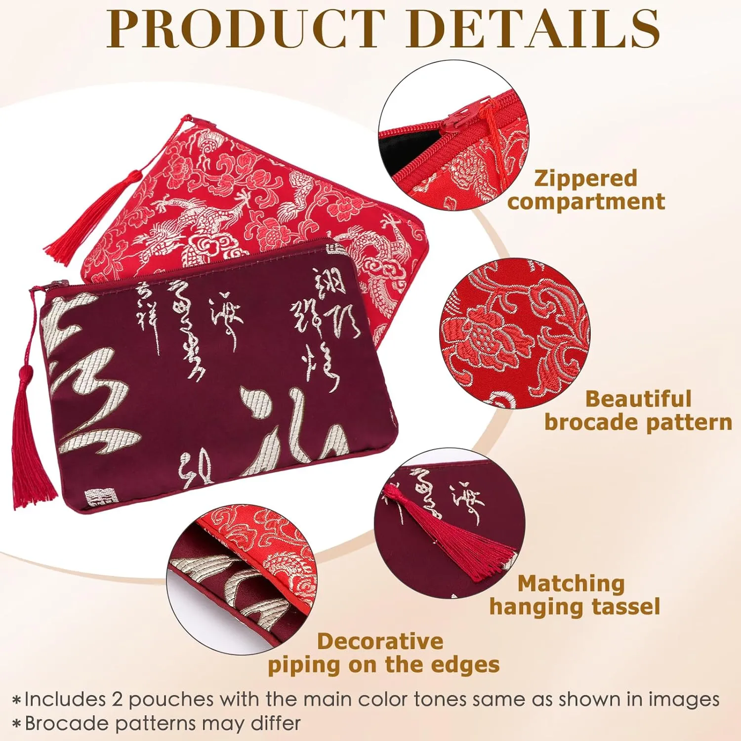 kilofly 2 pc Chinese Silk Brocade Padded Tassel Zipper Jewelry Bag Gift Pouch