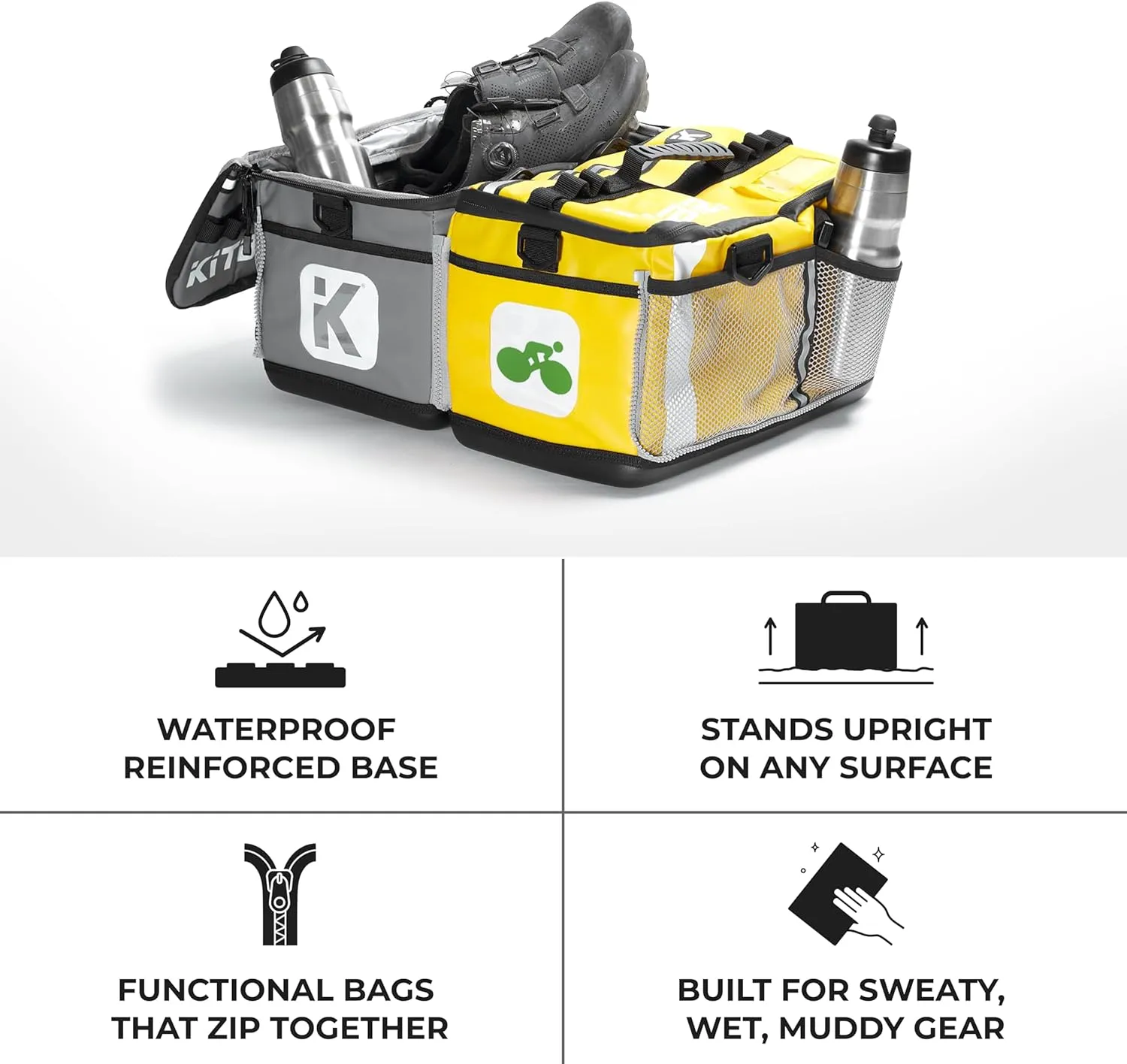 KitBrix Waterproof Sports Duffel Bag, Personal Item Travel Bag 15.3" x 9.4" x 9.4" - Solid Base - Built for Wet, Muddy Gear - Multi-Use Swimming, Gym, Soccer, Camping, Triathlon Transition Bag, Yellow