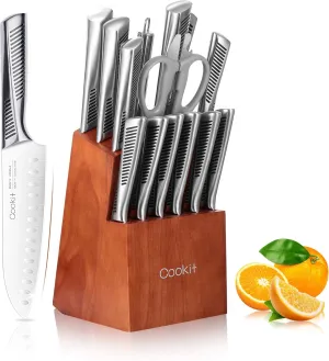Kitchen Knife Set, Cookit 15 Piece Knife Sets with Block Chef Knife Stainless Steel Hollow Handle Cutlery with Manual Sharpener