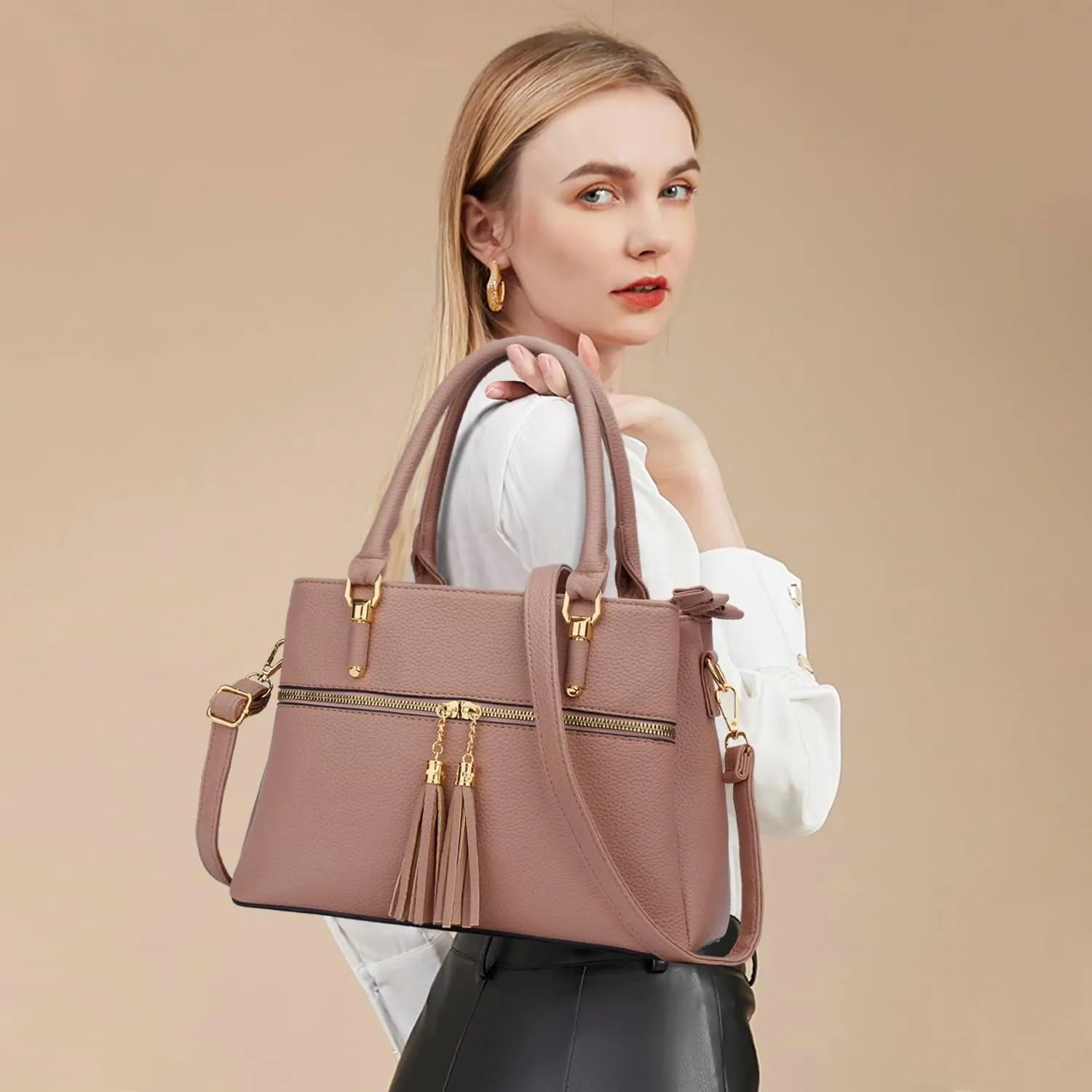 KKXIU Women Satchel Bags Handle Shoulder Handbags and Purses Pockets Zipper Leather Crossbody Bags