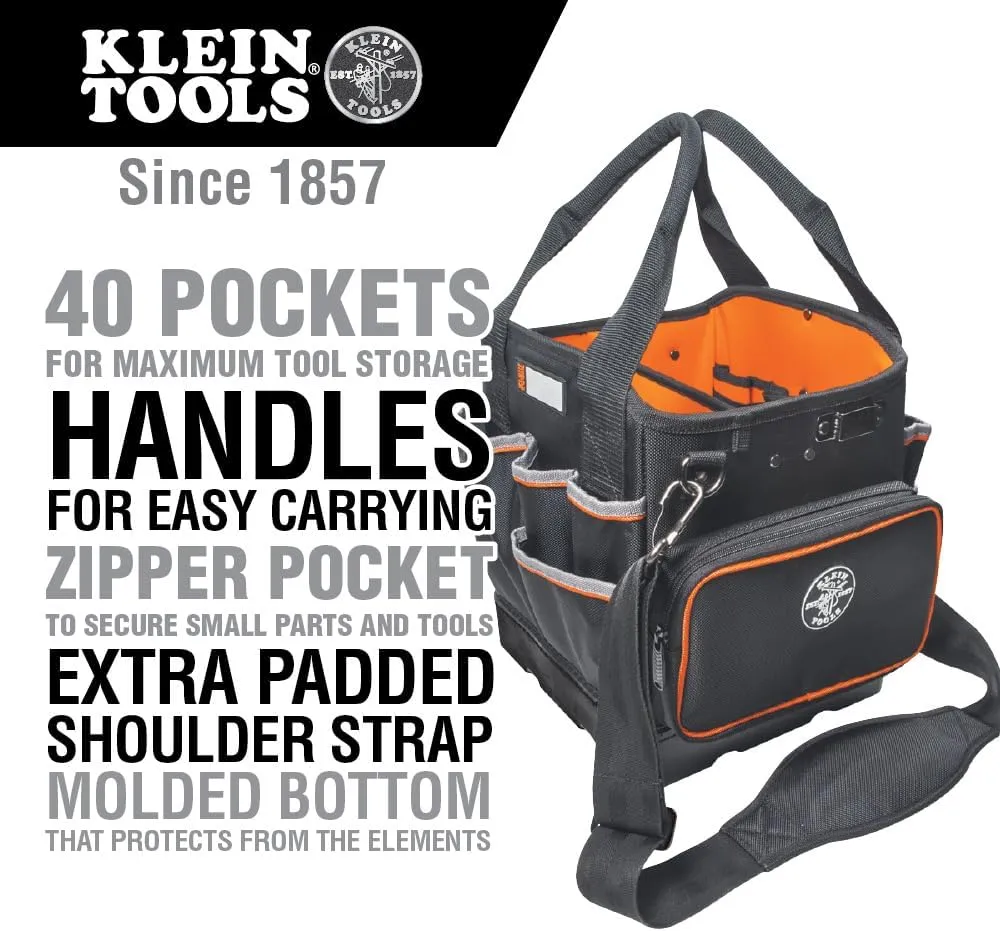Klein Tools 5541610-14 Tool Bag with Shoulder Strap Has 40 Pockets for Tool Storage and Orange Interior
