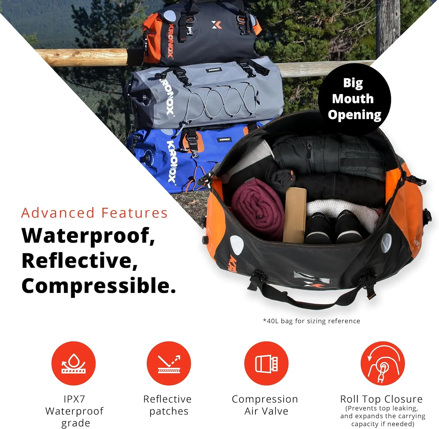 KRONOX Motorcycle Dry Bag, 25L Black Duffle - Waterproof Duffel Bag for Travel, Adventure or Dirt Bike Gear. Saddle and Back Seat Motorcycle Luggage.