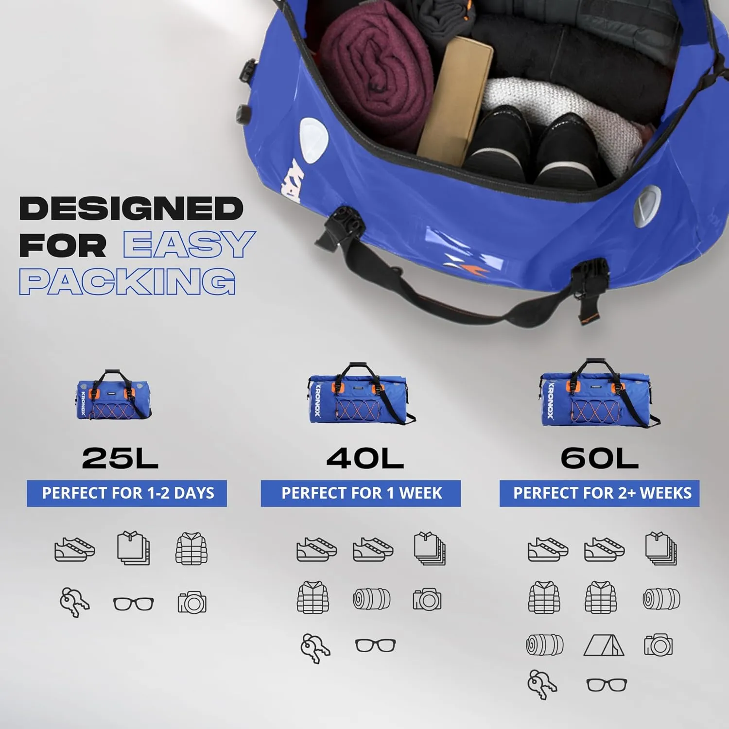 KRONOX Waterproof Duffel Bag - Large Heavy-Duty Drybag for Boating, Camping and Travel