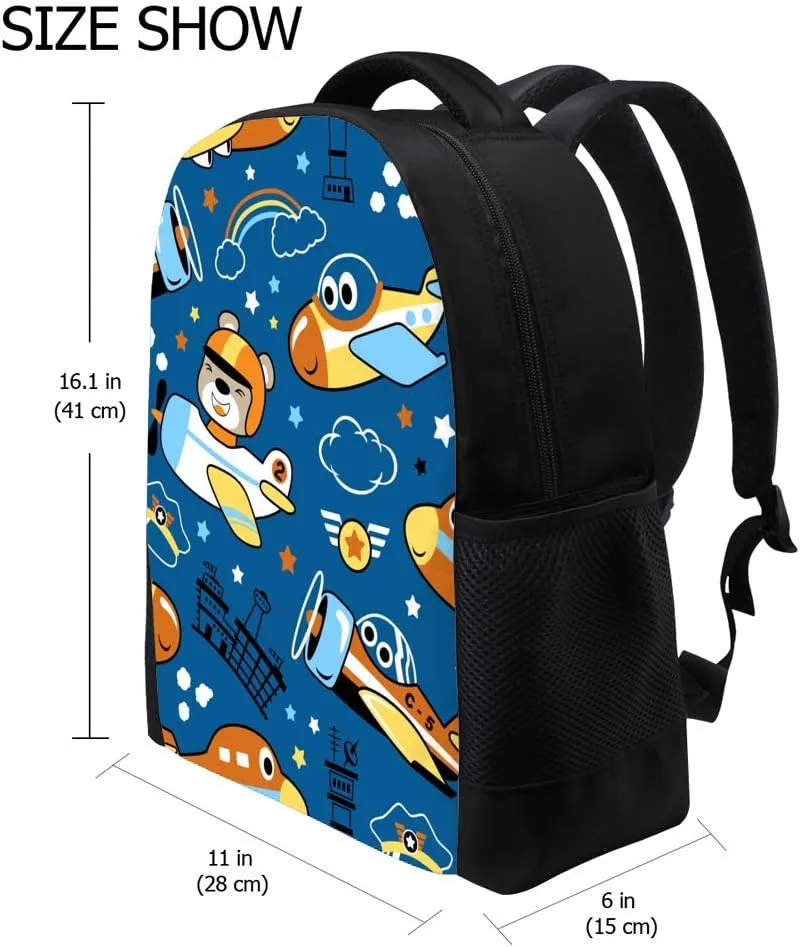Kuizee Backpack Daypack Planes Cartoon Funny Bear Pilot Casual Bags Durable Polyester College School Travel 11×16Inch