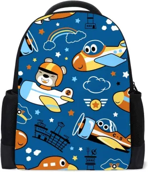 Kuizee Backpack Daypack Planes Cartoon Funny Bear Pilot Casual Bags Durable Polyester College School Travel 11×16Inch