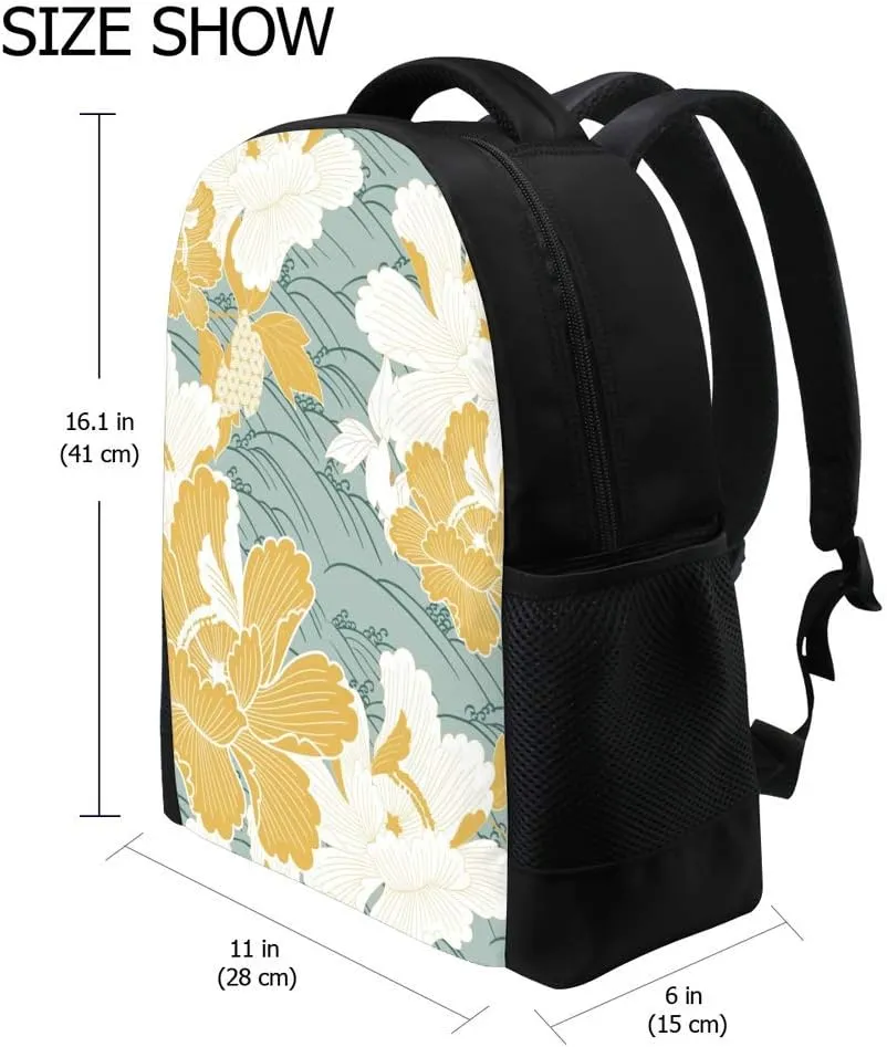 Kuizee Classic Backpack Schoolbag Adjustable Padded Shoulder Straps Daypack ﻿Peony Flower Wave Gold Oriental Floral Casual Bags Durable College Daily 16Inch