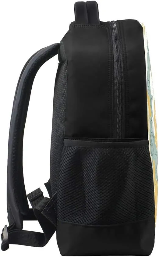 Kuizee Classic Backpack Schoolbag Adjustable Padded Shoulder Straps Daypack ﻿Peony Flower Wave Gold Oriental Floral Casual Bags Durable College Daily 16Inch