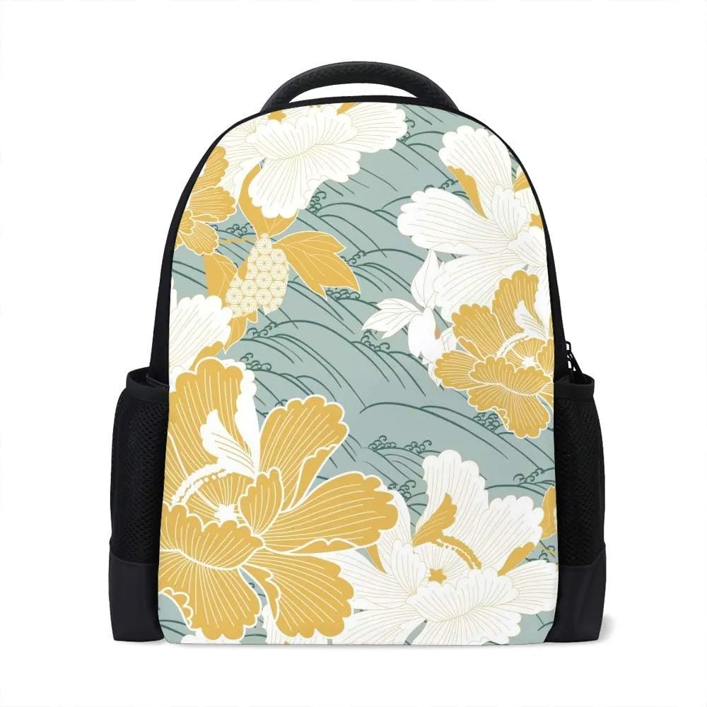 Kuizee Classic Backpack Schoolbag Adjustable Padded Shoulder Straps Daypack ﻿Peony Flower Wave Gold Oriental Floral Casual Bags Durable College Daily 16Inch