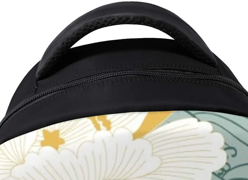 Kuizee Classic Backpack Schoolbag Adjustable Padded Shoulder Straps Daypack ﻿Peony Flower Wave Gold Oriental Floral Casual Bags Durable College Daily 16Inch