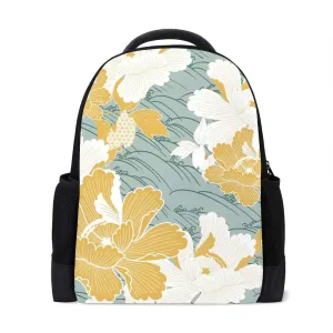 Kuizee Classic Backpack Schoolbag Adjustable Padded Shoulder Straps Daypack ﻿Peony Flower Wave Gold Oriental Floral Casual Bags Durable College Daily 16Inch