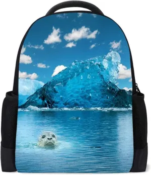 Kuizee School Bag Backpack Daypack ﻿Blue Glacier Sea Seal Book Bag Casual Bags Durable College School Travel Daily 16Inch