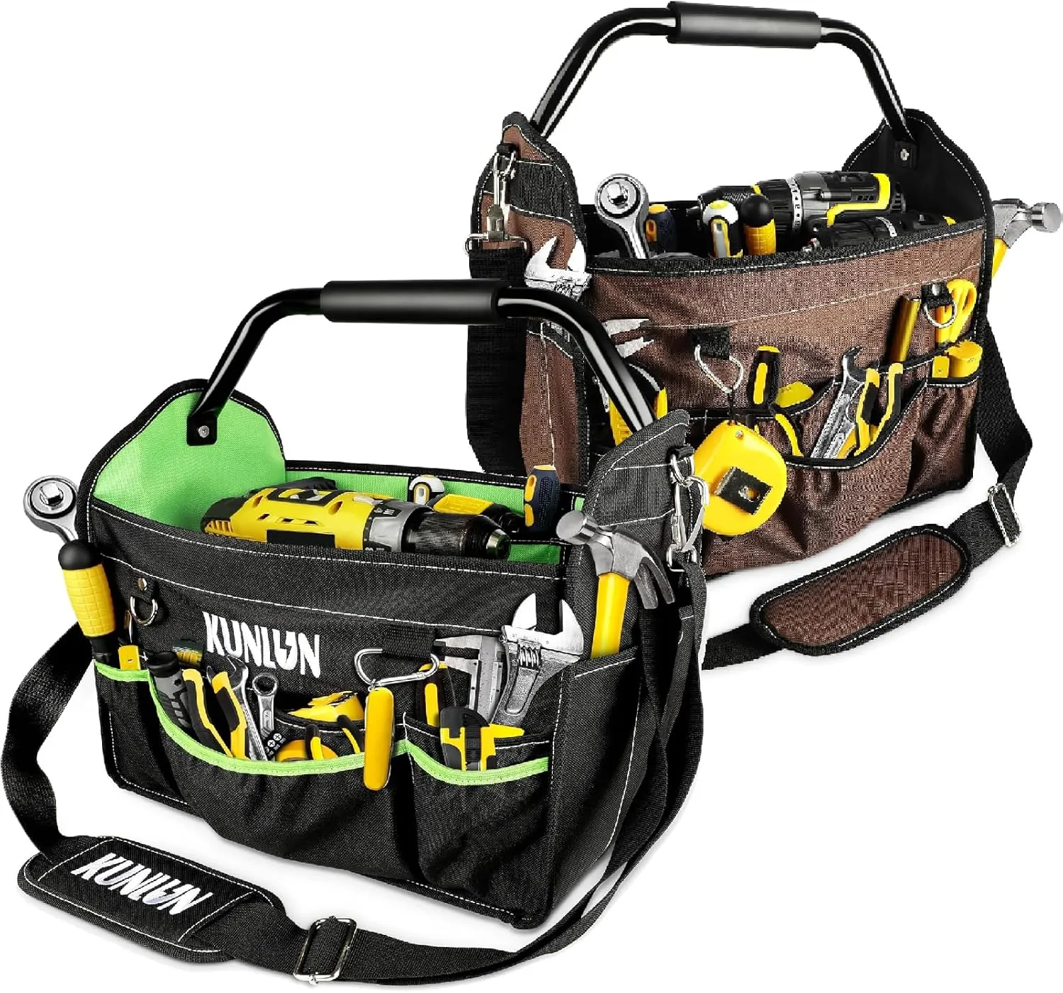 KUNLUN 15-Inch Open Top Tool Bag 2-Pack, Electrician Tool Bag Set with 33 Pockets, Foldable Tool Carrier with Rotating Steel Handle & Removable Shoulder Strap, Black & Brown Combo