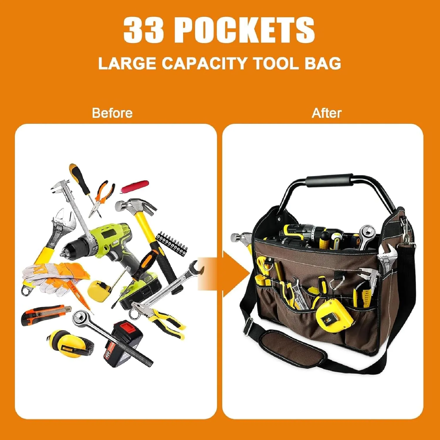KUNLUN 15-Inch Open Top Tool Bag, Electrician Tool Bag, Tool Tote Bag Organizer for Easy Tool Access, 33 Pockets Foldable Tool Carrier with Rotating Steel Handle and Removable Shoulder Strap