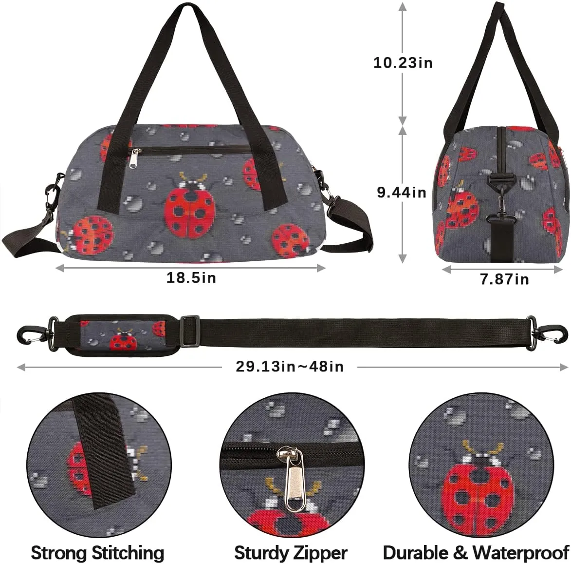 Ladybugs Kids Duffel Bag for Girls Boys Teens, Ladybugs Pixel Wind Dance Bag Overnight Small Duffel Bag Carry On Weekend Sports Gym Travel Bag for School Practice Gymnastics Ballet