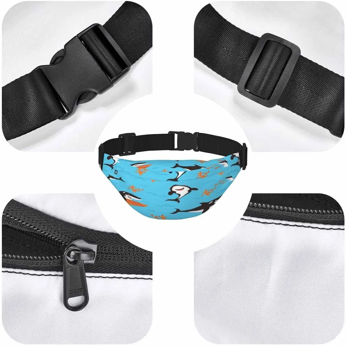 Large Crossbody Bag Waistpack Cartoon Diferent Emotion Fishwhales Predation Mammal Fish Palying Leisure Sports Fanny Pack Zipper Bag for Running, Travel
