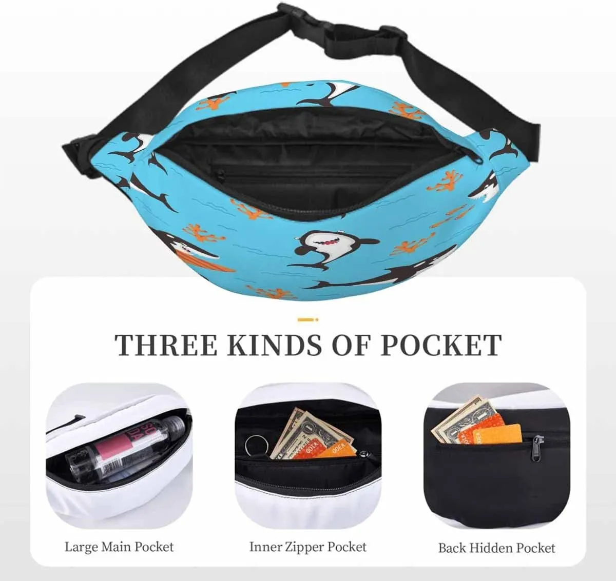 Large Crossbody Bag Waistpack Cartoon Diferent Emotion Fishwhales Predation Mammal Fish Palying Leisure Sports Fanny Pack Zipper Bag for Running, Travel