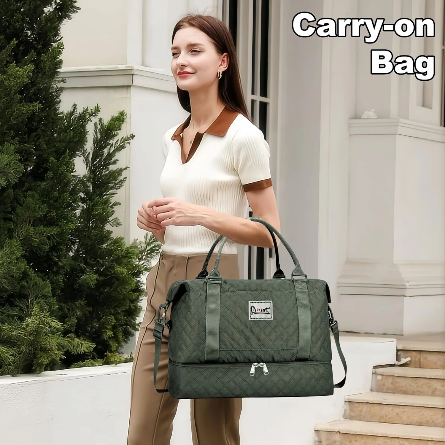 Large Travel Duffle Bag Weekender Bags for Women with Shoes Compartment, Travel Duffel Tote Carry on Overnight Bag for Travel Business Trips, Sport Yoga Gym Bag with Wet Pocket (Olive Green)