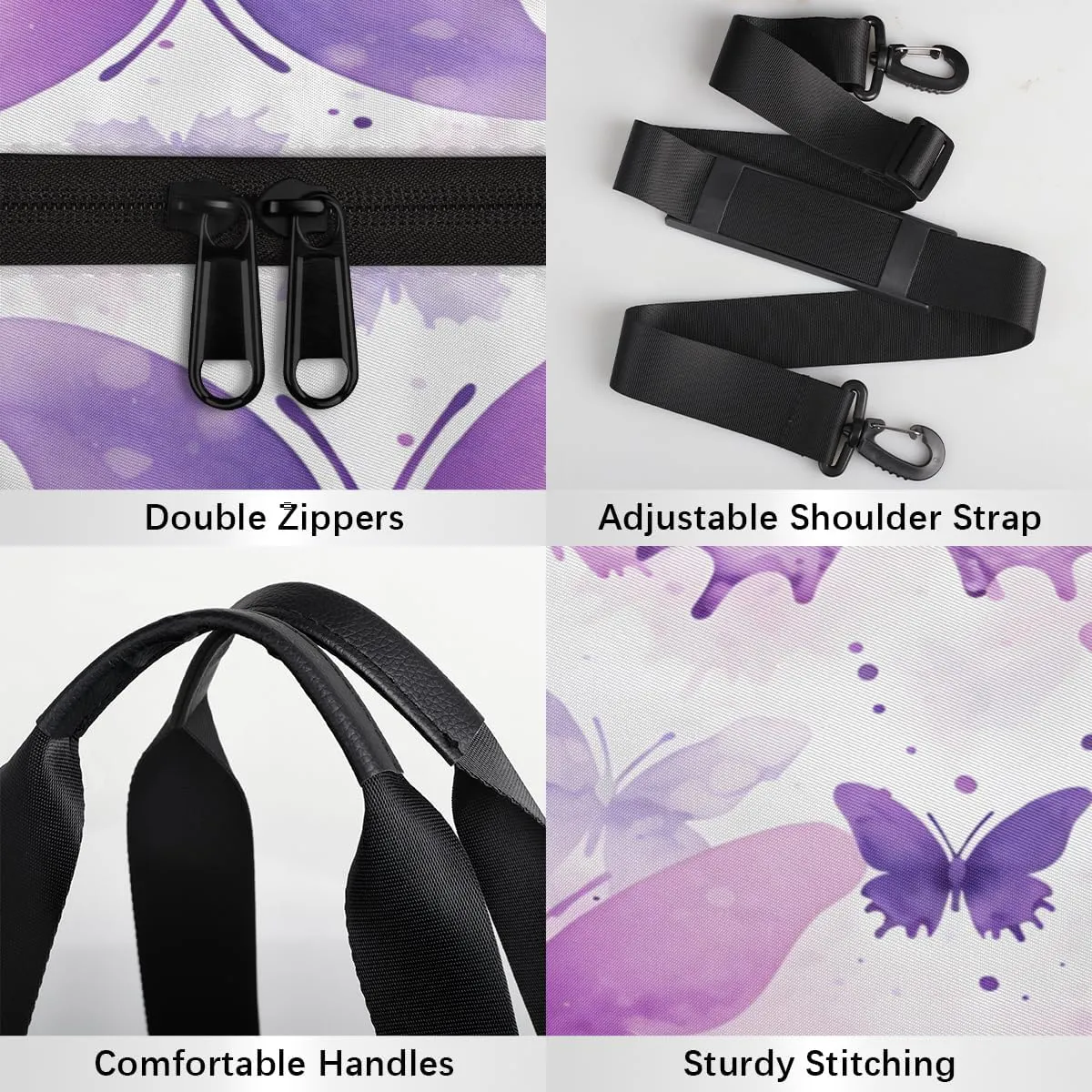 Lavender Watercolor Butterflies Sports Duffel Bag with Shoulder Strap, Large Capacity Gym Bag with Shoe Compartment, Water Resistant Travel Duffle Bag for Men Women Travel, Sports (17.6x9x9 Inch)