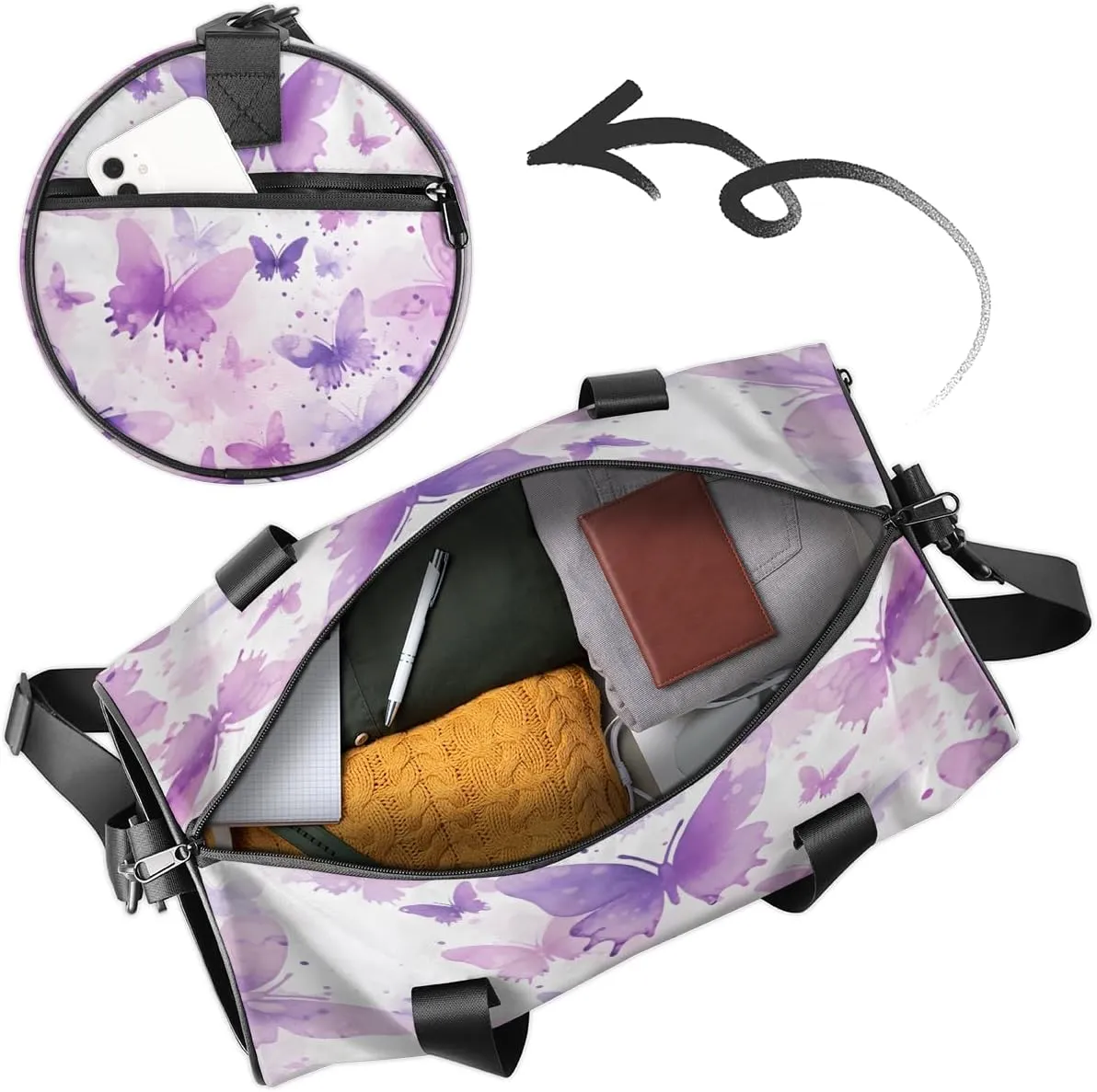 Lavender Watercolor Butterflies Sports Duffel Bag with Shoulder Strap, Large Capacity Gym Bag with Shoe Compartment, Water Resistant Travel Duffle Bag for Men Women Travel, Sports (17.6x9x9 Inch)