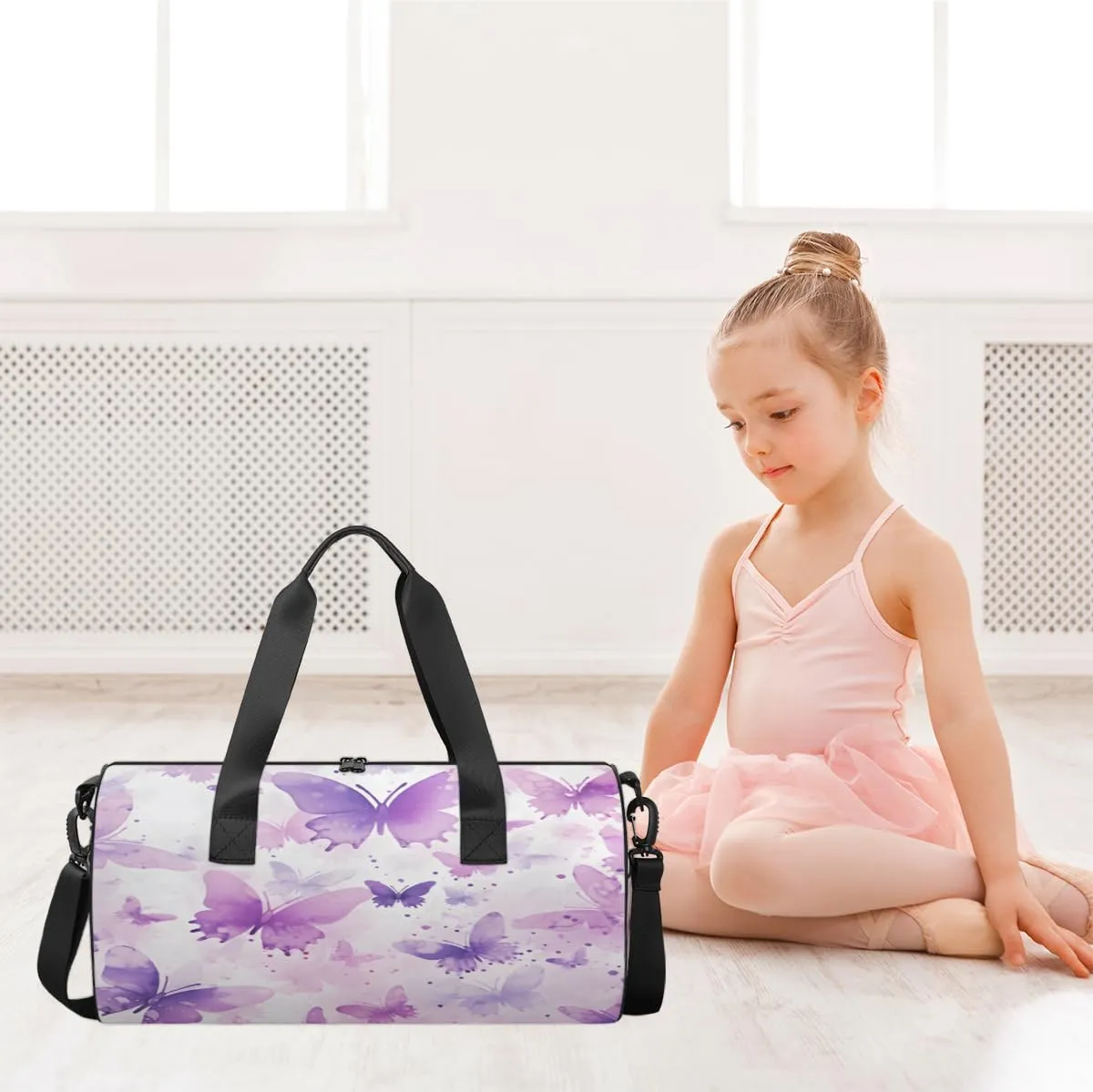 Lavender Watercolor Butterflies Sports Duffel Bag with Shoulder Strap, Large Capacity Gym Bag with Shoe Compartment, Water Resistant Travel Duffle Bag for Men Women Travel, Sports (17.6x9x9 Inch)