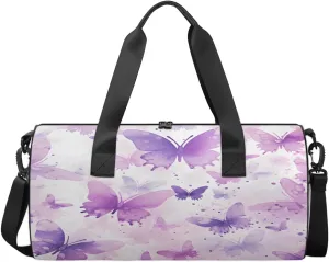 Lavender Watercolor Butterflies Sports Duffel Bag with Shoulder Strap, Large Capacity Gym Bag with Shoe Compartment, Water Resistant Travel Duffle Bag for Men Women Travel, Sports (17.6x9x9 Inch)