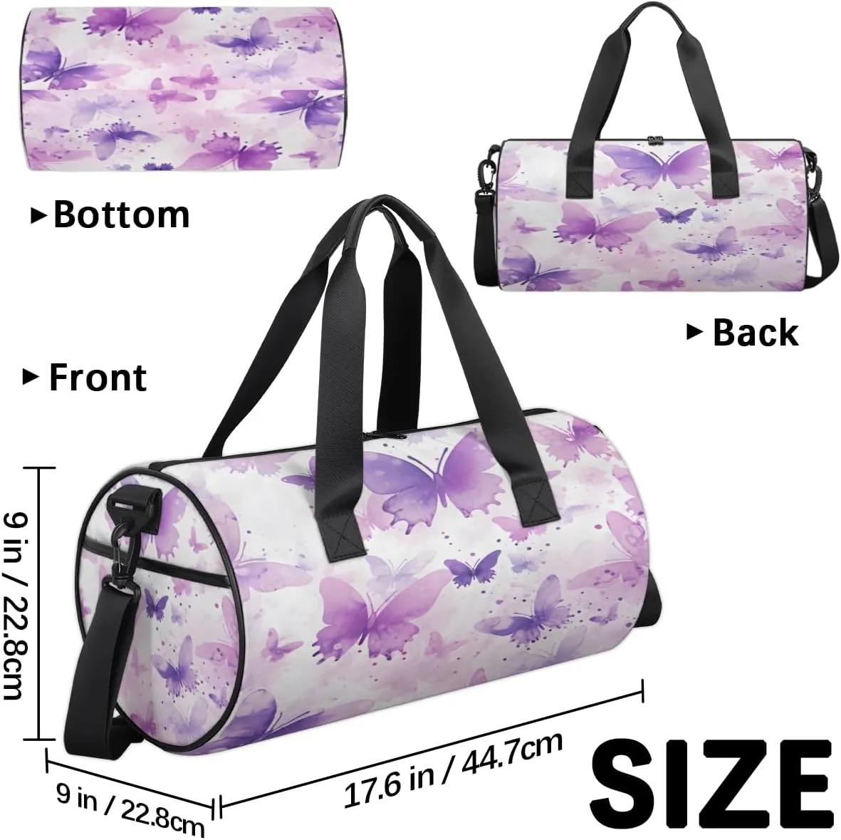 Lavender Watercolor Butterflies Sports Duffel Bag with Shoulder Strap, Large Capacity Gym Bag with Shoe Compartment, Water Resistant Travel Duffle Bag for Men Women Travel, Sports (17.6x9x9 Inch)