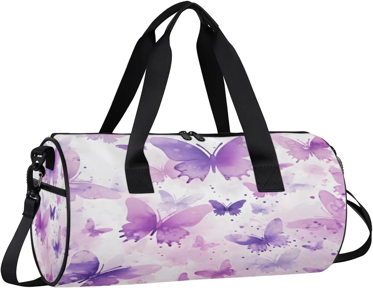 Lavender Watercolor Butterflies Sports Duffel Bag with Shoulder Strap, Large Capacity Gym Bag with Shoe Compartment, Water Resistant Travel Duffle Bag for Men Women Travel, Sports (17.6x9x9 Inch)