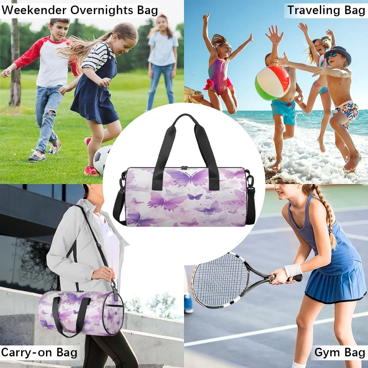Lavender Watercolor Butterflies Sports Duffel Bag with Shoulder Strap, Large Capacity Gym Bag with Shoe Compartment, Water Resistant Travel Duffle Bag for Men Women Travel, Sports (17.6x9x9 Inch)