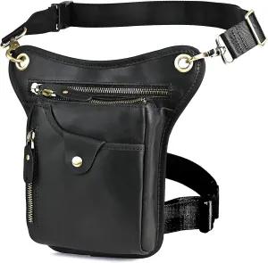 Le'aokuu Mens Genuine Leather Outdoor Sporting Hicking Waist Hip Pack Messenger Shoulder Drop Leg Thigh Bag Pouches For Women 211-5 01 Black 2