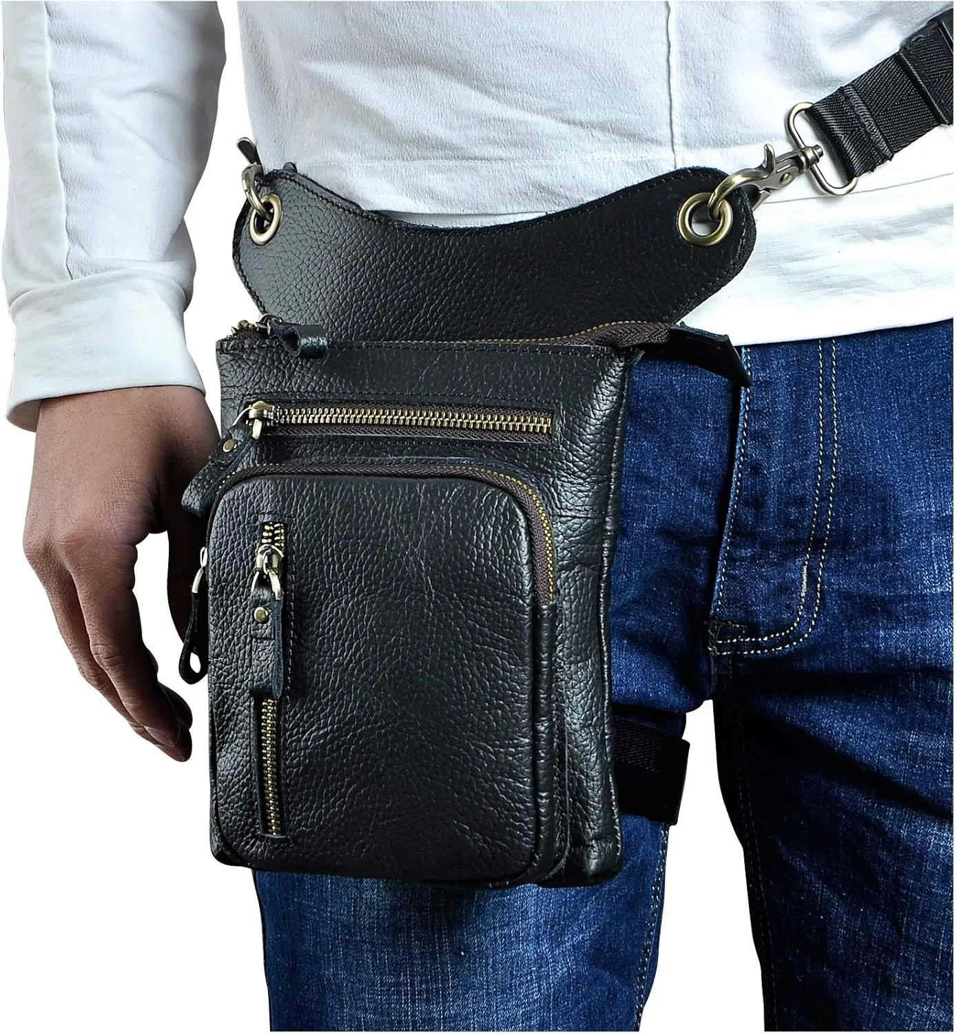Le'aokuu Mens Genuine Leather Outdoor Sporting Hicking Waist Hip Pack Messenger Shoulder Drop Leg Thigh Bag Pouches For Women G1011 (G1011 Black)