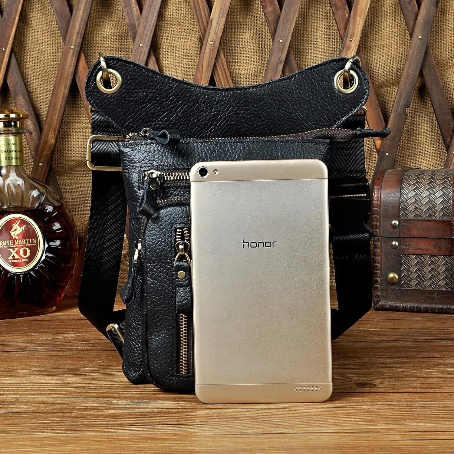 Le'aokuu Mens Genuine Leather Outdoor Sporting Hicking Waist Hip Pack Messenger Shoulder Drop Leg Thigh Bag Pouches For Women G1011 (G1011 Black)