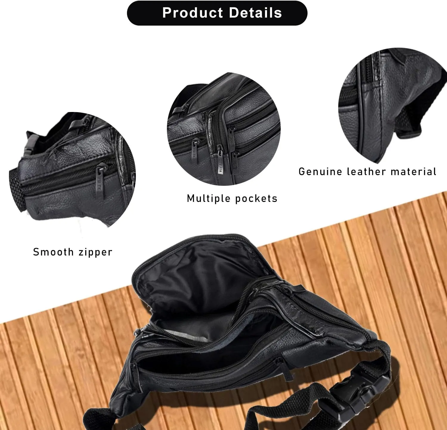 Leather Fanny Pack For Men & Women Belt Bag With Adjustable Waist Belt, Lightweight Fanny Pack Comes With Multiple Zippered Pockets Easy Carry Any Phone,Wallet (black)