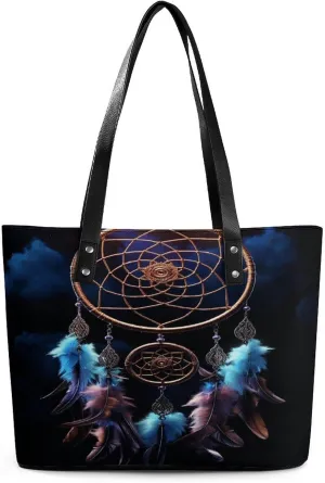Leather Lady's Handbag,Dream Catcher Print Work Handbags,Tote Bags for Women,Shoulder Hobo Handbags,Casual Tote Bag