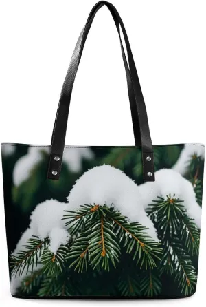 Leather Tote Bag for Women Shoulder Travel Purses Handbags Snow on Evergreen Trees Aesthetic Shopping Bags Ladies