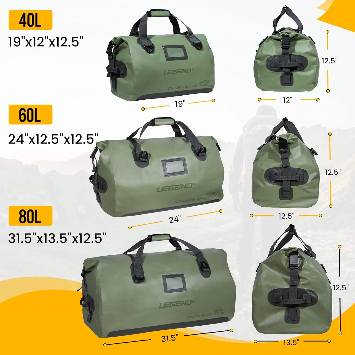 LEGEND Waterproof Duffel Bag - Heavy Duty Duffle Bag for Outdoor, Camping, Boating & Travel, Premium PVC Dry Duffel Bag, Motorcycle Dry Bag with Durable Strap & Handles with Large Storage - 80L Green