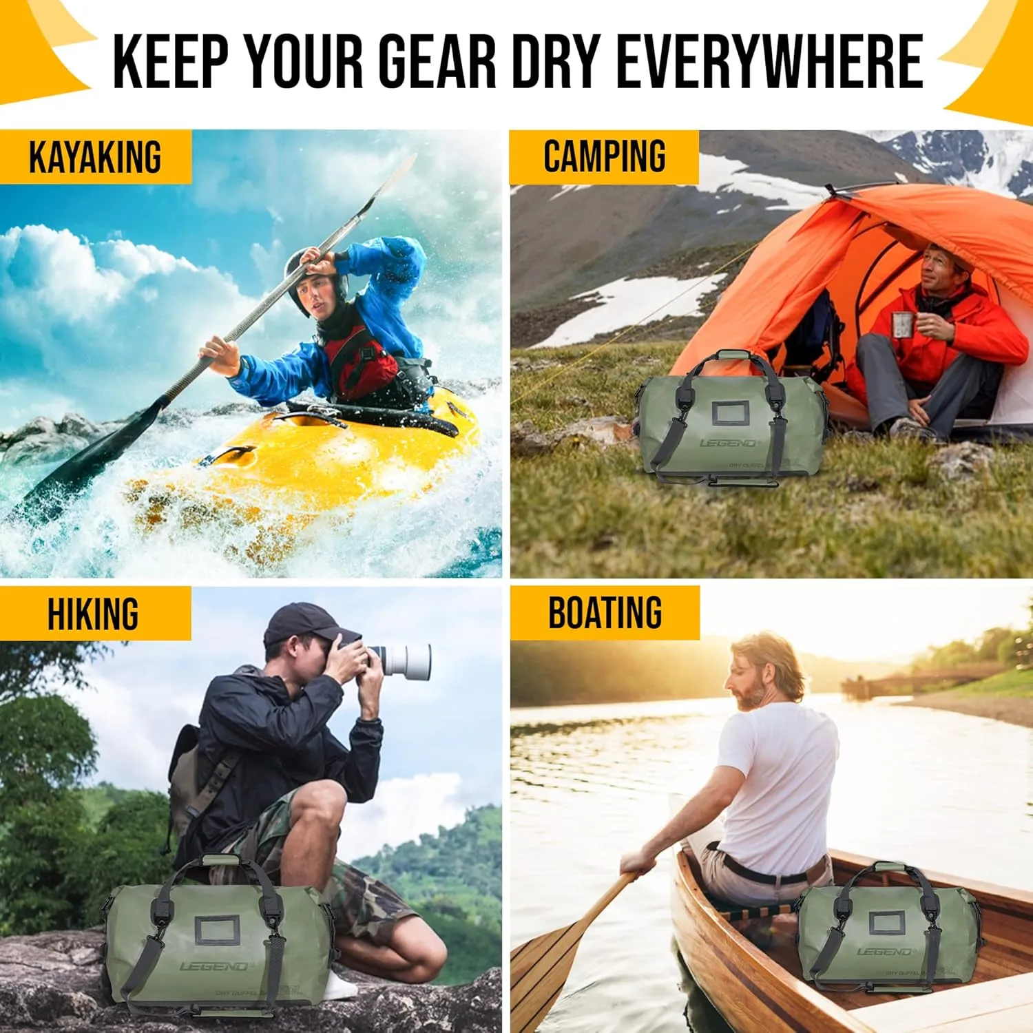 LEGEND Waterproof Duffel Bag - Heavy Duty Duffle Bag for Outdoor, Camping, Boating & Travel, Premium PVC Dry Duffel Bag, Motorcycle Dry Bag with Durable Strap & Handles with Large Storage - 80L Green