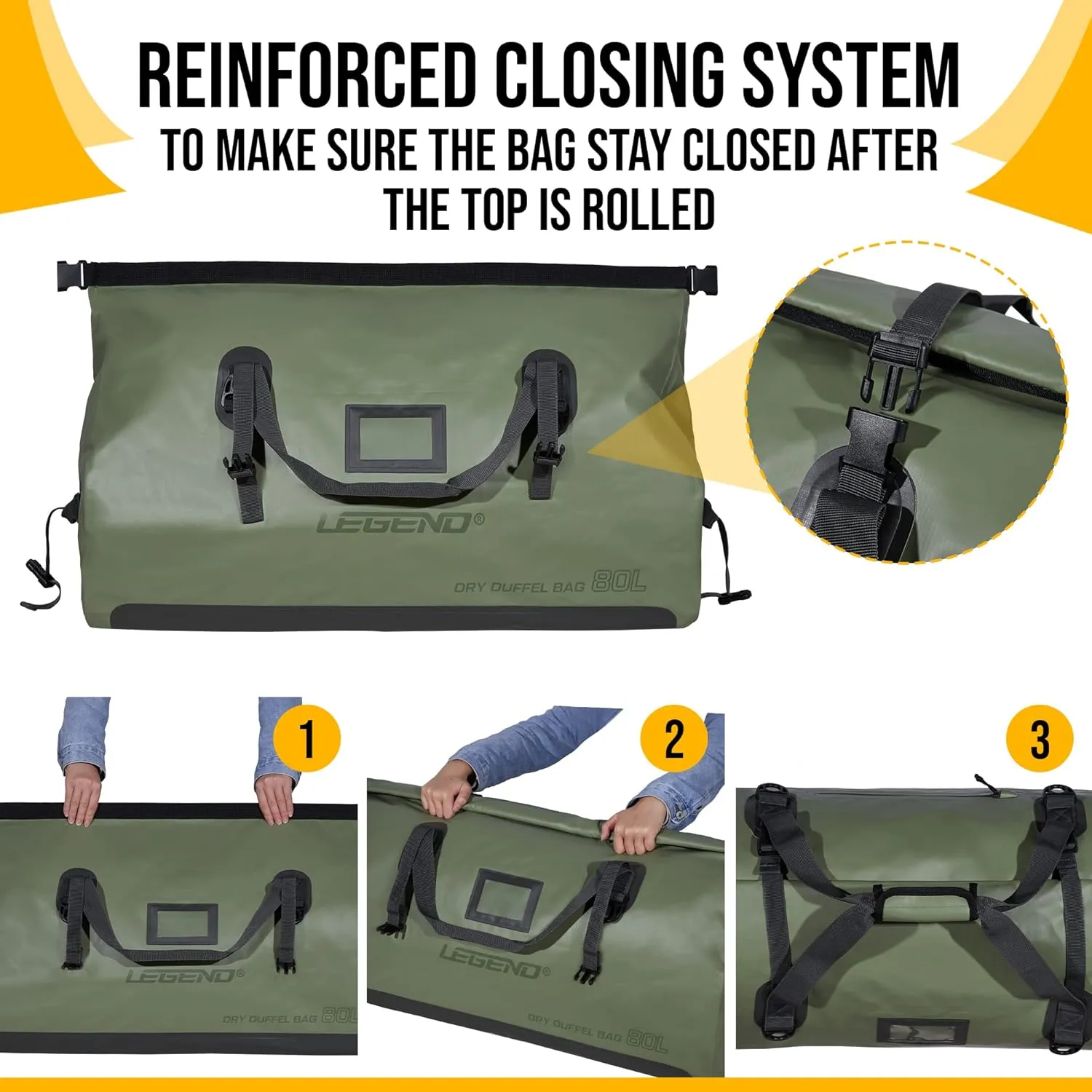 LEGEND Waterproof Duffel Bag - Heavy Duty Duffle Bag for Outdoor, Camping, Boating & Travel, Premium PVC Dry Duffel Bag, Motorcycle Dry Bag with Durable Strap & Handles with Large Storage - 80L Green