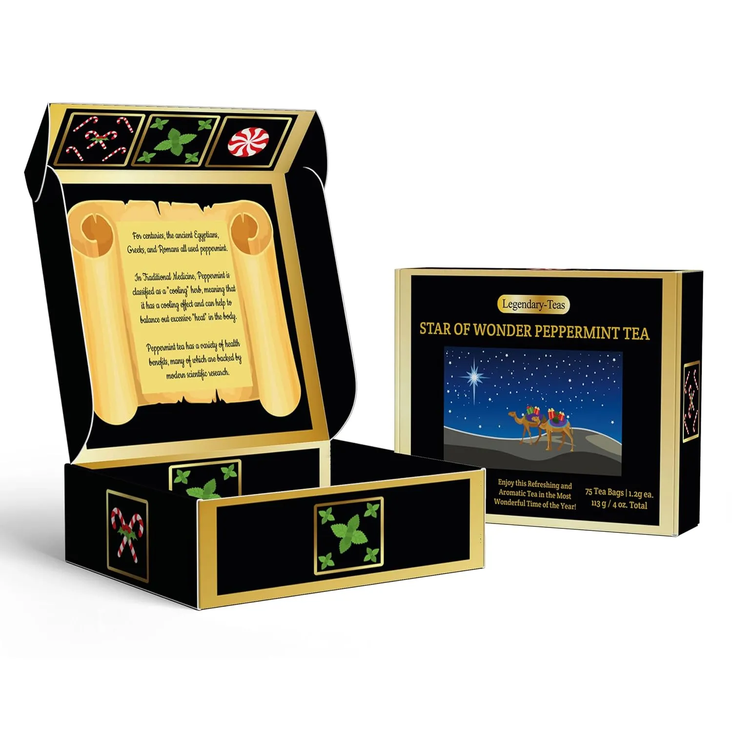 Legendary-Teas Star of Wonder Peppermint Pyramid Tea Bags 75 Pack Sealed in Foil Pouches (Pure Peppermint Tea, 75 Pack Box)