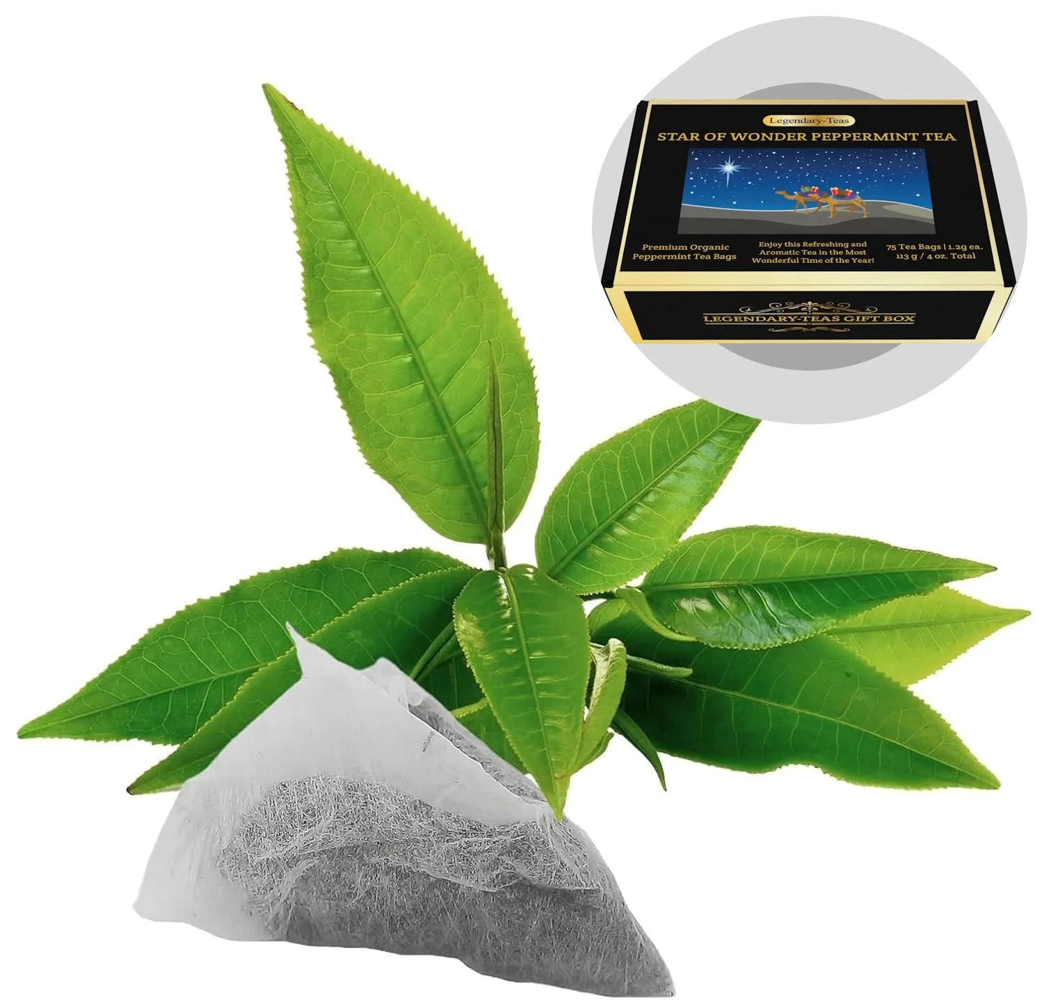 Legendary-Teas Star of Wonder Peppermint Pyramid Tea Bags 75 Pack Sealed in Foil Pouches (Pure Peppermint Tea, 75 Pack Box)