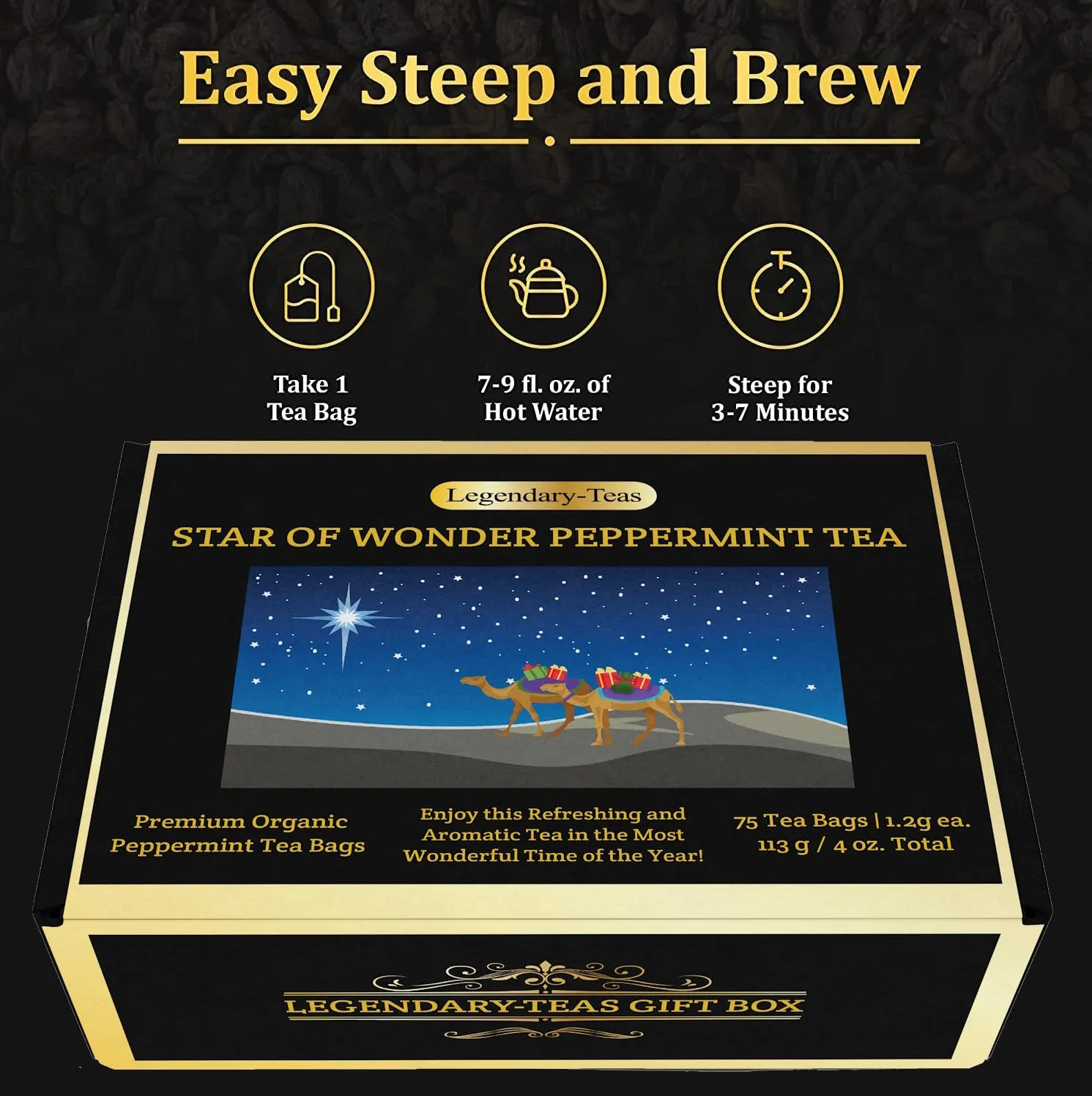 Legendary-Teas Star of Wonder Peppermint Pyramid Tea Bags 75 Pack Sealed in Foil Pouches (Pure Peppermint Tea, 75 Pack Box)