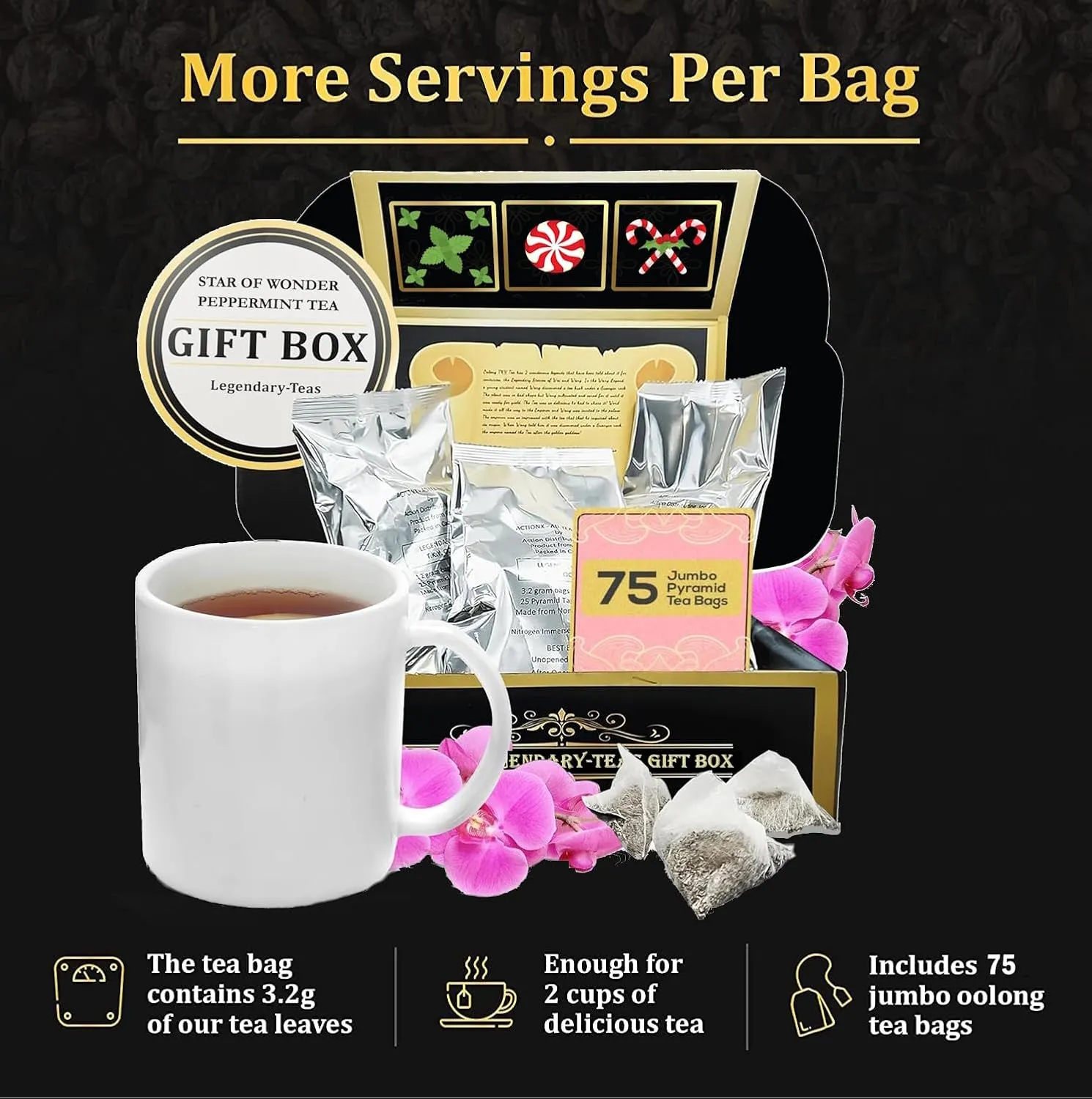 Legendary-Teas Star of Wonder Peppermint Pyramid Tea Bags 75 Pack Sealed in Foil Pouches (Pure Peppermint Tea, 75 Pack Box)