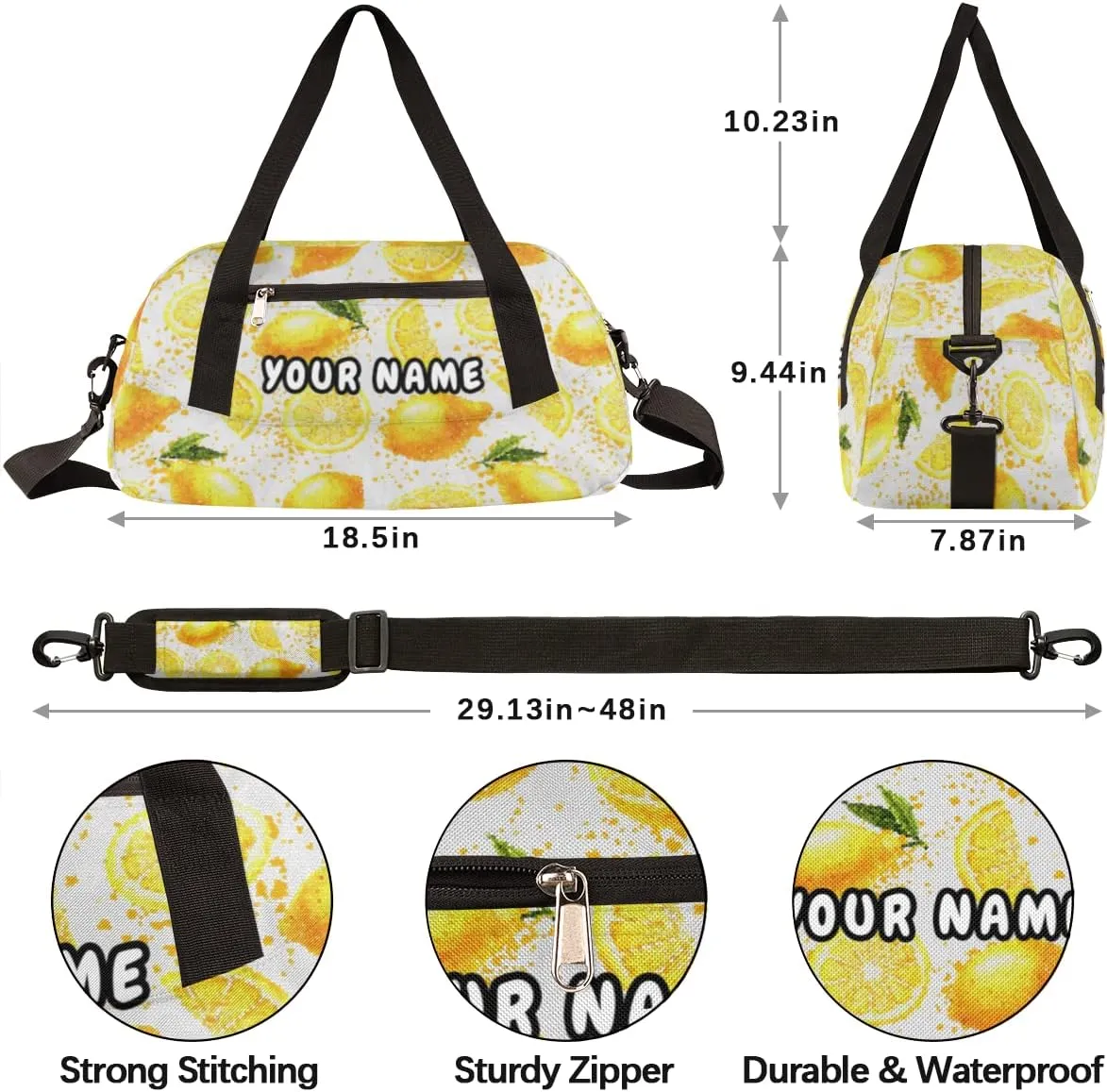 Lemon Fruit Personalized Kids Duffel Bag for Girls Boys, Lemon Debris Custom Name Dance Bag Overnight Small Duffel Bag Carry On Weekend Sports Travel Bag for School Practice Gymnastics Ballet