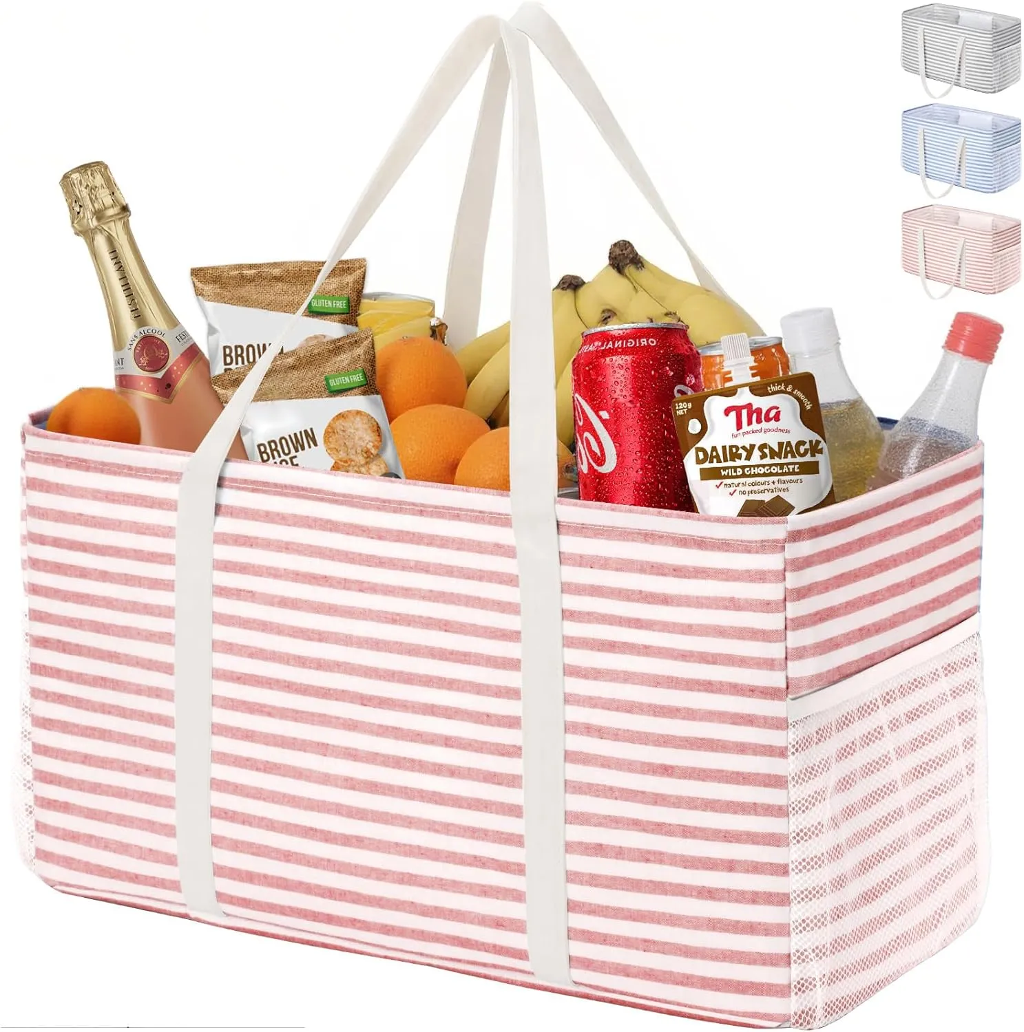 Lifewit Extra Large Tote Bag, Reusable Grocery Bags with Metal Wire Frame and Handles, Standing Utility Foldable Shopping Bags for Storage, Picnics, Beach, Pool, Laundry, Car, Camping, 1 Pack, Pink