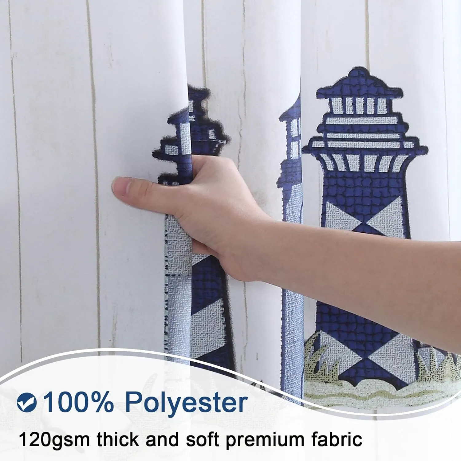 Lighthouse Fabric Shower Curtain, Blue Gray and White Coastal Nautical Shower Curtains for Bathroom Decor, Waterproof Polyester Bathroom Curtains, 72" W x 72" H