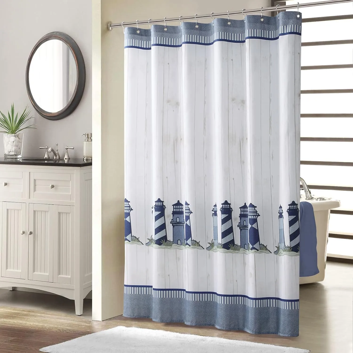 Lighthouse Fabric Shower Curtain, Blue Gray and White Coastal Nautical Shower Curtains for Bathroom Decor, Waterproof Polyester Bathroom Curtains, 72" W x 72" H